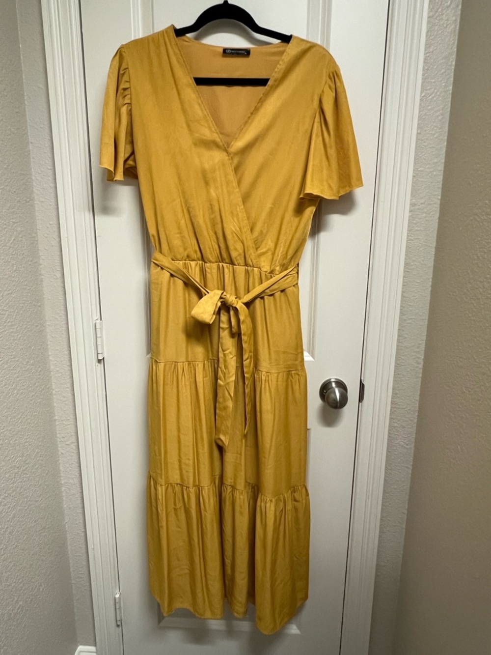 Pretty Garden Size XL Golden Yellow Tiered Wrap Maxi Dress with Belt Cottage